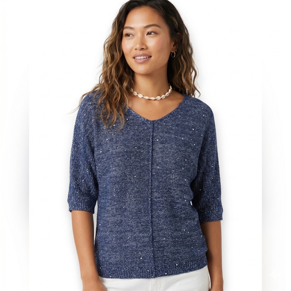 H Halston Sequin Space Dye V-Neck Knit Top Blue Metallic Shimmer Size M